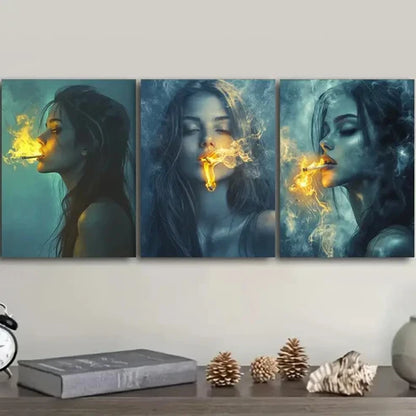 3pcs The woman puffed her smoke Wall Art Set Canvas Unframed - High Quality Print 100% Australian Made Wall Canvas
