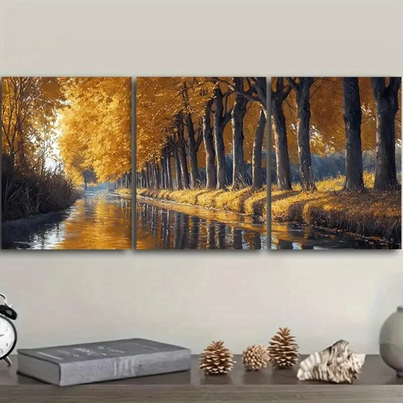 3pcs Golden Autumn River Trees Wall Art Set Canvas Framed 40x60cm - High Quality Print 100% Australian Made Wall Canvas Ready to Hang