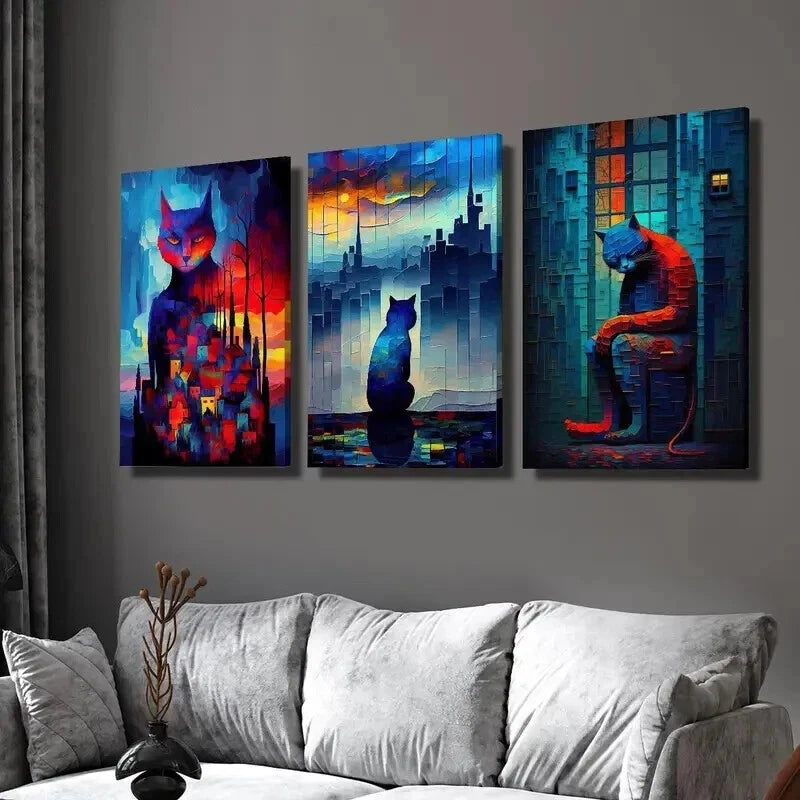 3pcs Lonely Cat Under Fantasy Night Wall Art Set Canvas Framed 50x70cm - High Quality Print 100% Australian Made Wall Canvas Ready to Hang