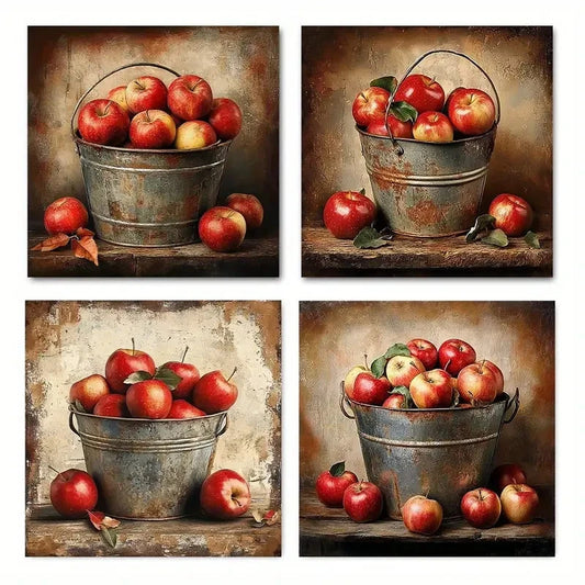 4pcs Red apples in an iron basketWall Art Canvas Framed