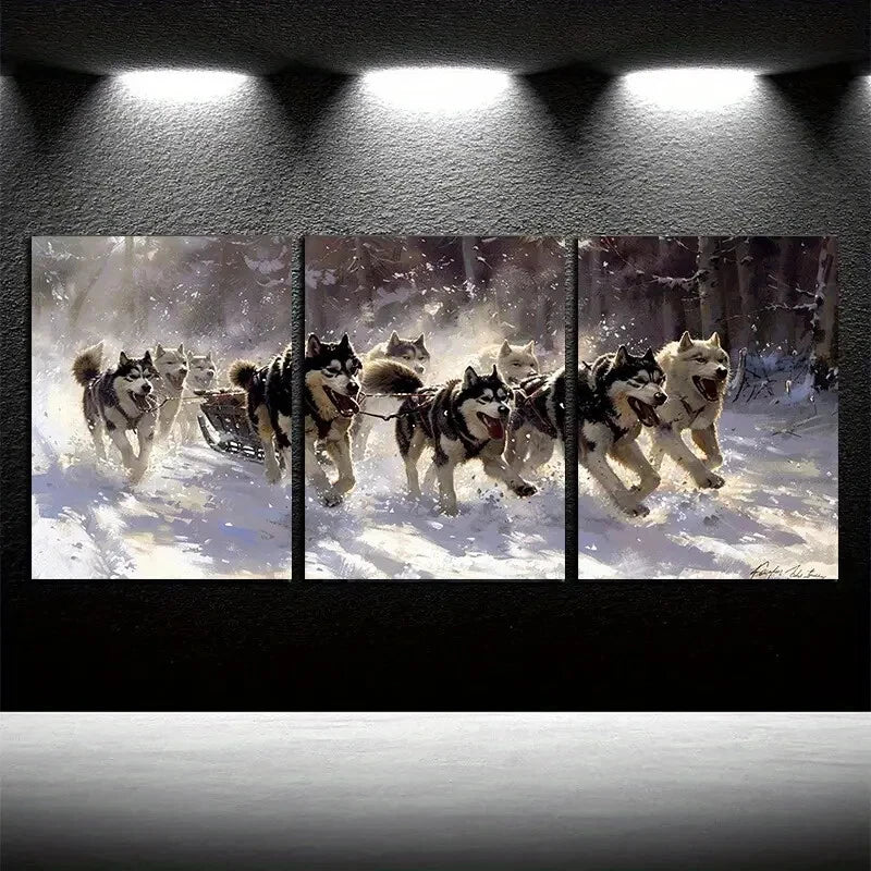 3pcs Sled Dog Pulling Illustration Metal Print Ready to Hang Art - Bella Home Decor