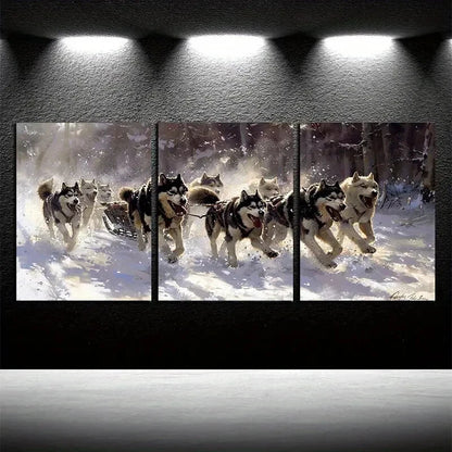 3pcs Sled Dog Pulling Illustration Metal Print Ready to Hang Art - Bella Home Decor