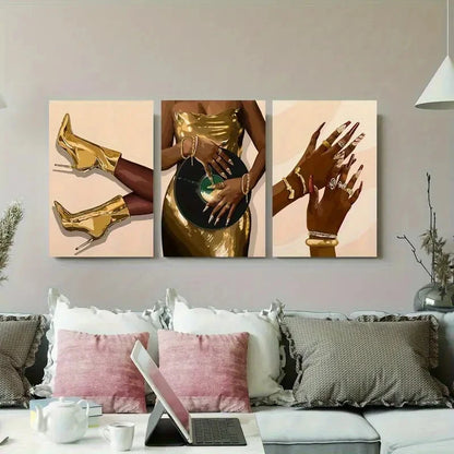 3pcs Golden Boots and Hand Accessories Metal Print Ready to Hang Art - Bella Home Decor
