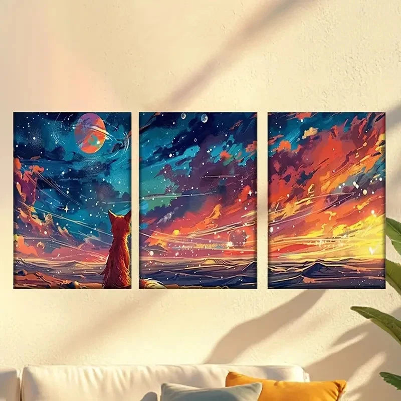 3pcs cat sitting on rock looking at the sunset Wall Art Set Canvas Framed 40x60cm - High Quality Print 100% Australian Made Wall Canvas Ready to Hang - Bella Home Decor