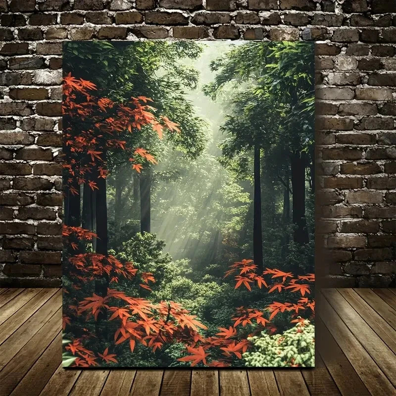 Maple Forest Lush Greenery and Red Leaves Painting 40x60cm Metal Print Ready to Hang - Bella Home Decor