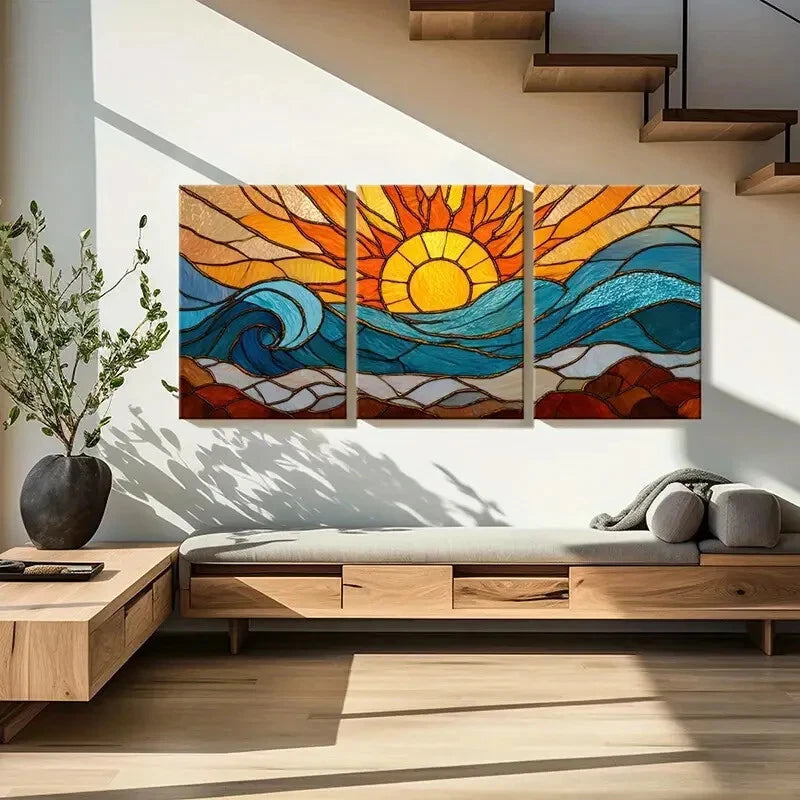 3pcs Stained Glass Sun Ocean Waves Beach Metal Print Ready to Hang Art - Bella Home Decor