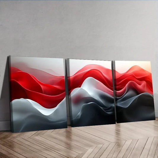 3pcs Red and Black Waves Design Mixed Colors Wall Art Set Canvas Framed 50x70cm - High Quality Print 100% Australian Made Wall Canvas Ready to Hang