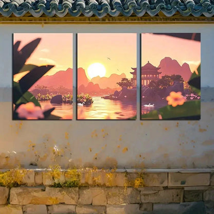 3pcs Vibrant Swans on Lake Surface with Mountain Metal Print Ready to Hang Art