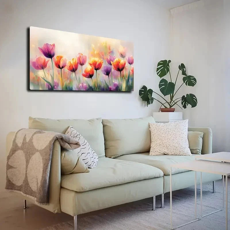 Living room with a beige sectional sofa, decorative pillows, and a colorful floral painting on the wall.
