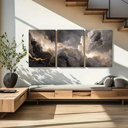 3pcs Abstract Cloudscape Art Dramatic Sky Golden Metal Print Ready to Hang Art - Bella Home Decor