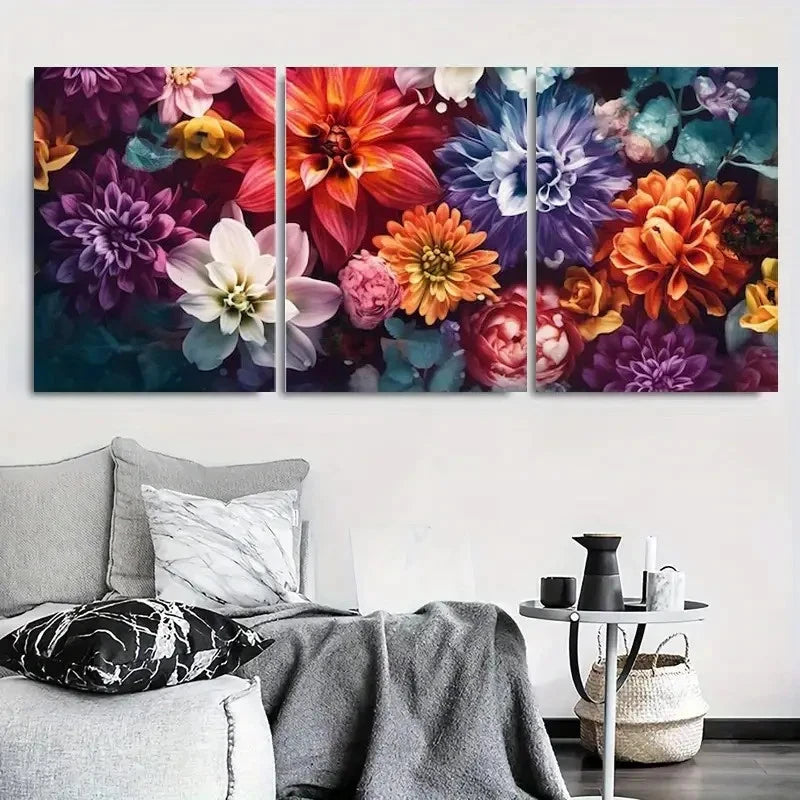 3pcs Abstract Colorful Dahlia Bouquet Wall Art Set Canvas Framed 60x90cm - High Quality Print 100% Australian Made Wall Canvas Ready to Hang