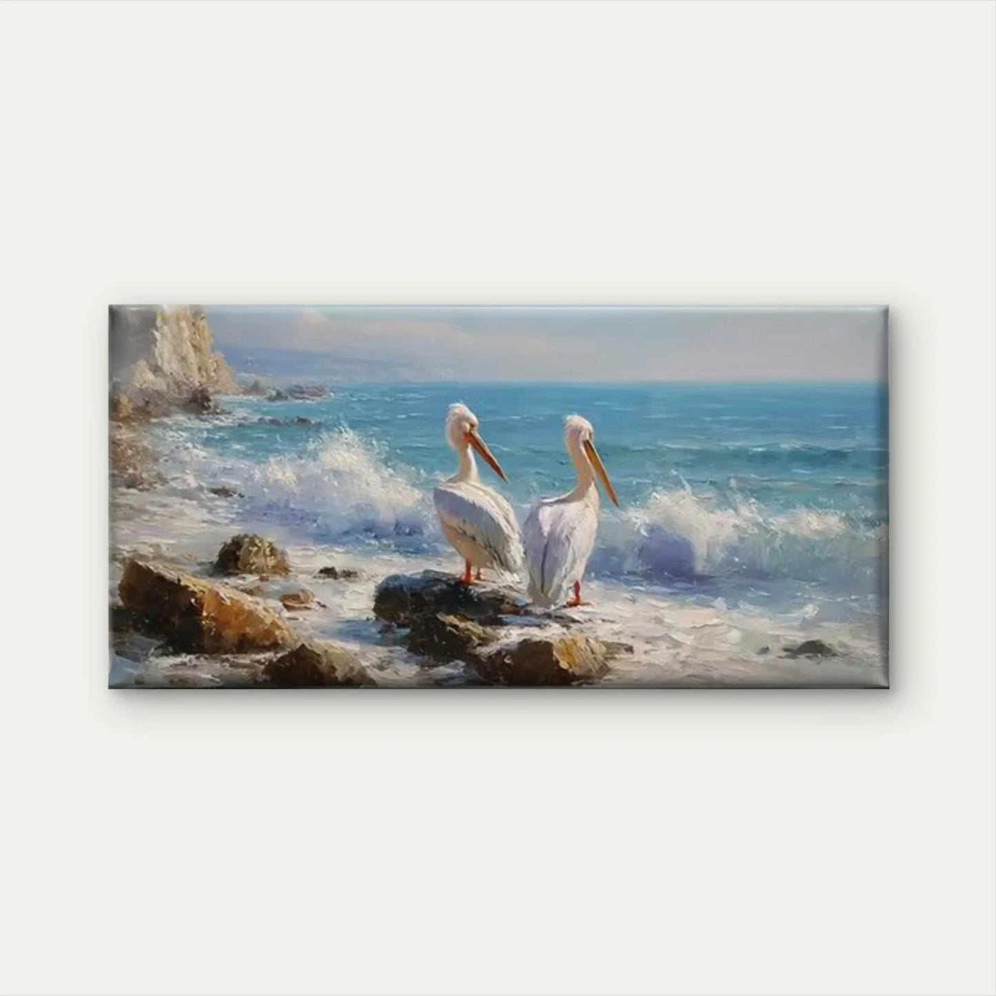 White Pelicans by Ocean Cliff WaWall Art Canvas Office Home Room Framed 120x60cm
