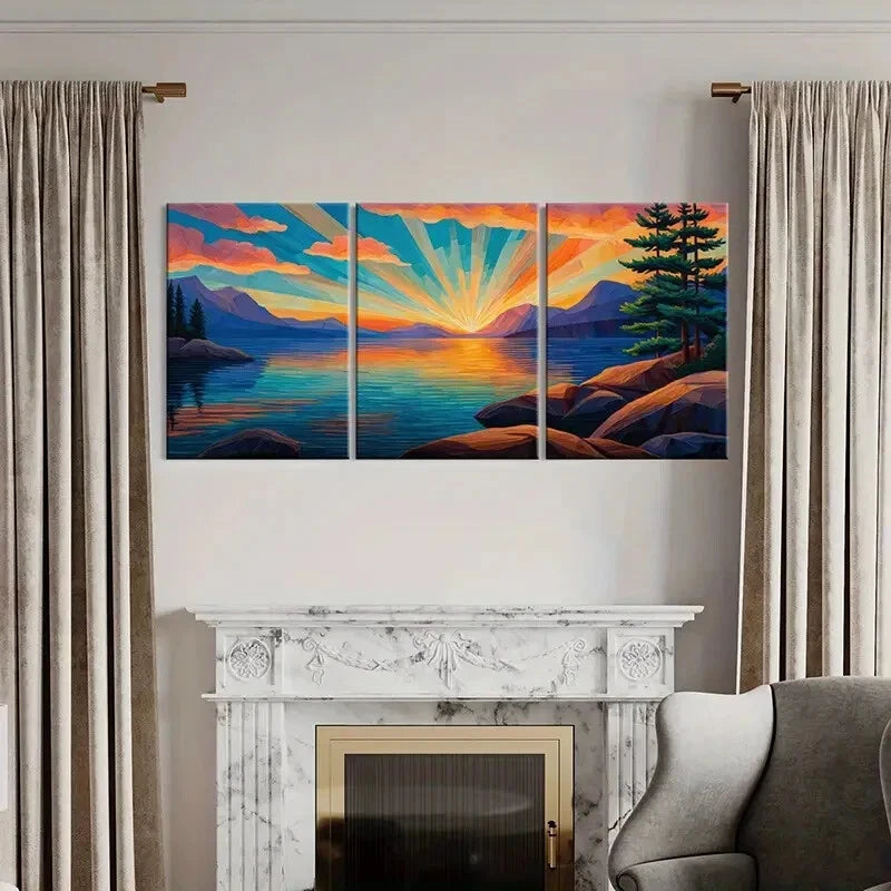 3pcs Sunset Over Lake Mountain Landscape Metal Print Ready to Hang Art - Bella Home Decor