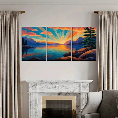 3pcs Sunset Over Lake Mountain Landscape Metal Print Ready to Hang Art - Bella Home Decor