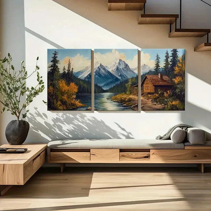 3pcs Mountain Retreat Log Cabin Autumn Colors Metal Print Ready to Hang Art - Bella Home Decor