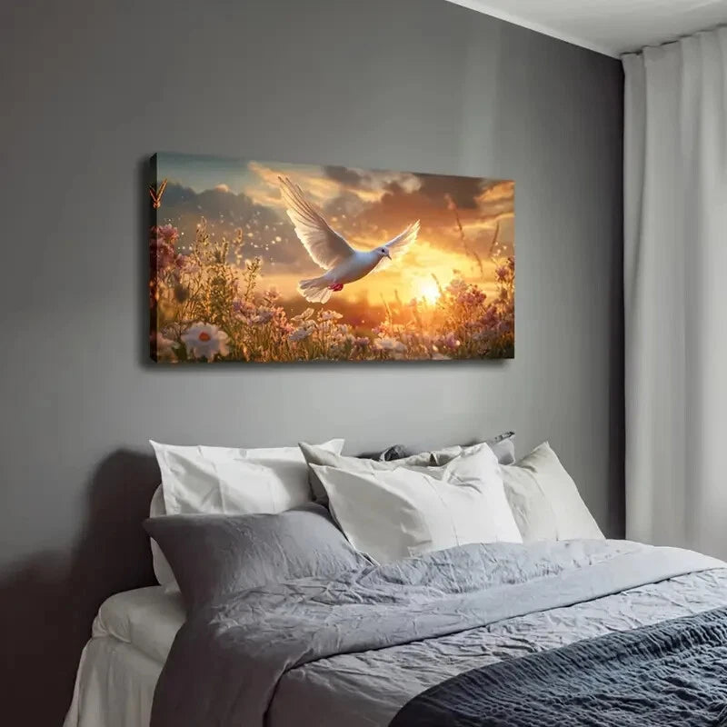 Majestic White Dove in Flight Wall Art Canvas Office Home Room Framed 120x60cm - Bella Home Decor
