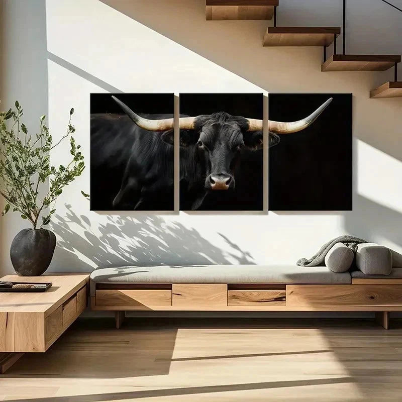 3pcs Black Bull with Long Horns Design Wall Art Set Canvas Framed 50x70cm - High Quality Print 100% Australian Made Wall Canvas Ready to Hang - Bella Home Decor