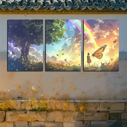 3pcs Vibrant Butterfly Girl with Rainbow View Metal Print Ready to Hang Art - Bella Home Decor