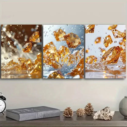 3pcs Yellow Diamonds Crystals Wall Art Canvas Unframed - High Quality Print 100% Australian Made Wall Canvas
