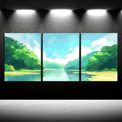 3pcs Modern Abstract Blue Lake Scenery Metal Print Ready to Hang Art