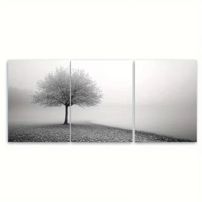 3pcs Calming Grey Landscape With a Solitary Tree Metal Print Ready to Hang Art - Bella Home Decor