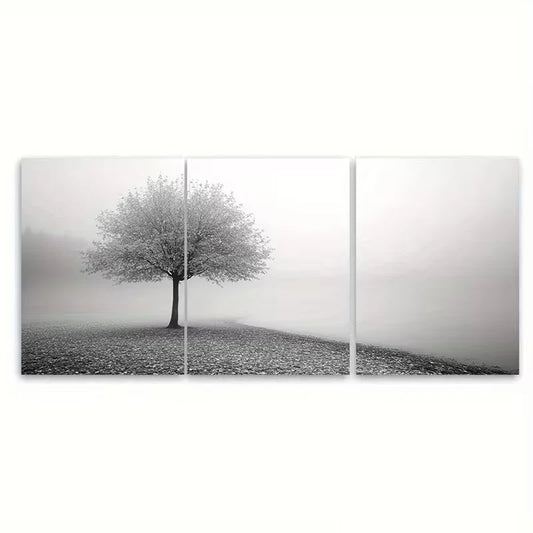 3pcs Calming Grey Landscape With a Solitary Tree Metal Print Ready to Hang Art - Bella Home Decor