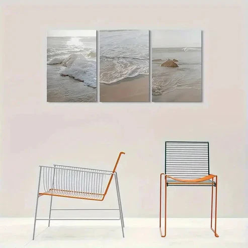 3pcs Ocean Scene with Sandy Shore & Wave Crests Wall Art Set Canvas Unframed - High Quality Print 100% Australian Made Wall Canvas