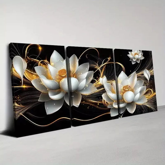 3pcs Lotus Floral Design with Golden Accents Art Set Canvas Framed 50x70cm - High Quality Print 100% Australian Made Wall Canvas Ready to Hang
