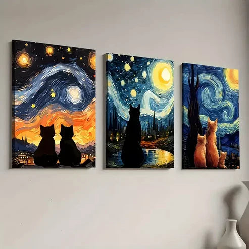 3pcs Modern Van Gogh Style Abstract Cat Canvas Unframed - High Quality Print 100% Australian Made Wall Canvas