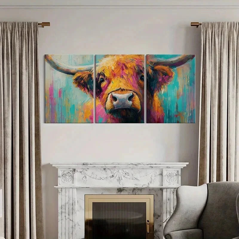 3pcs Vibrant Highland Cow Art Colorful Abstract Metal Print Ready to Hang Art