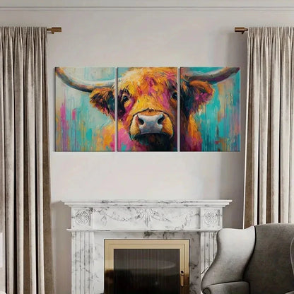 3pcs Vibrant Highland Cow Art Colorful Abstract Metal Print Ready to Hang Art