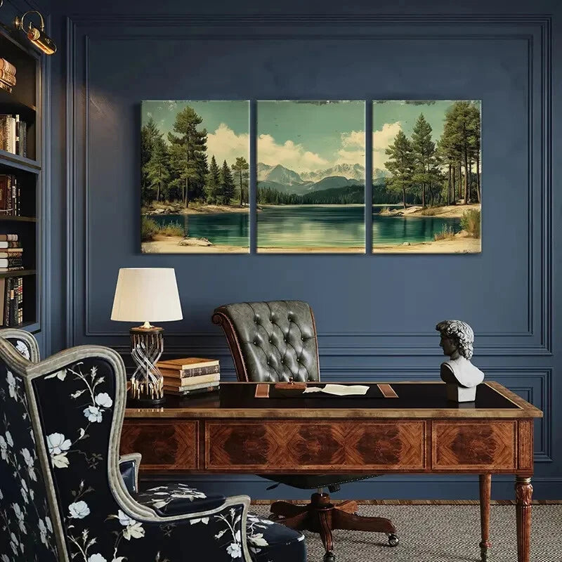 3pcs Mountain Lake Pine Trees Snowy Peak Metal Print Ready to Hang Art - Bella Home Decor
