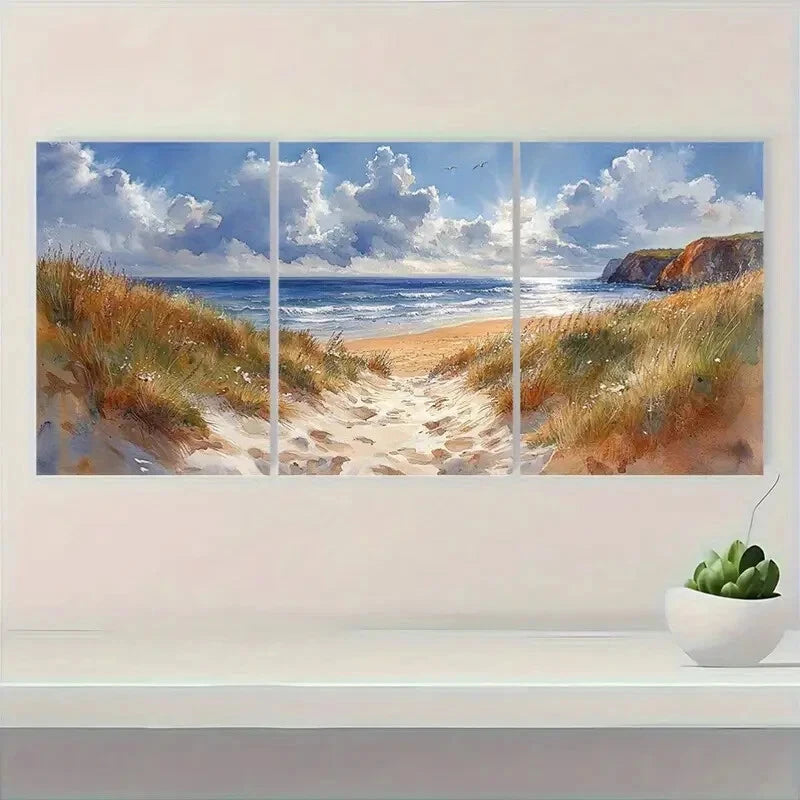 3pcs Coastal Seascape Scene Watercolor Art Metal Print Ready to Hang Art - Bella Home Decor