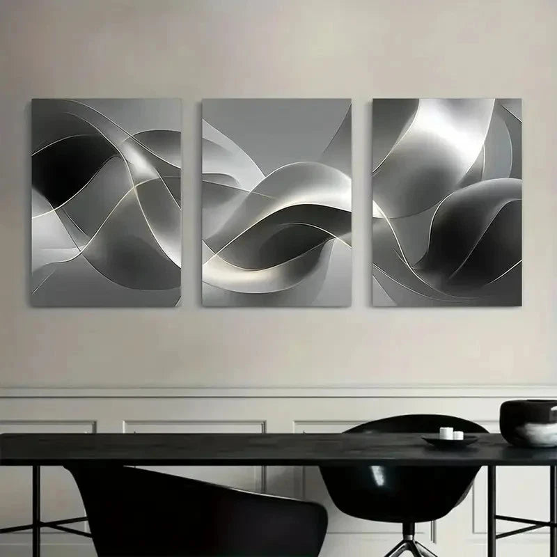 3pcs Silvery and Gray Ribbon-Like Abstract Art Metal Print Ready to Hang Art - Bella Home Decor