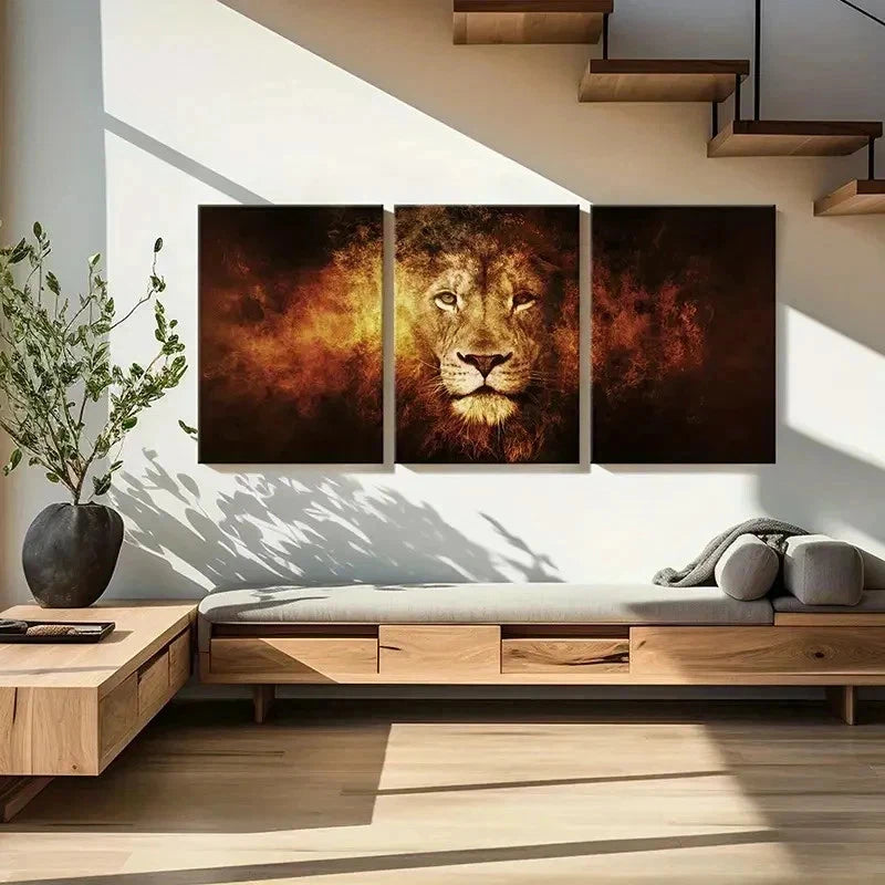 3pcs Dramatic Golden Lion & Black Background Wall Art Set Canvas Framed 50x70cm - High Quality Print 100% Australian Made Wall Canvas Ready to Hang - Bella Home Decor