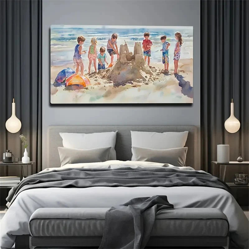 Children Accumulate Sand Castle Wall Art Canvas Office Home Room Framed 120x60cm