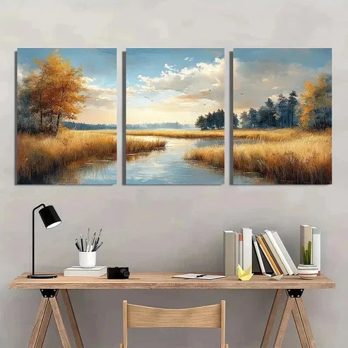 3pcs Sunlit Grasslands Trees & Reflections Wall Art Set Canvas Unframed - High Quality Print 100% Australian Made Wall Canvas