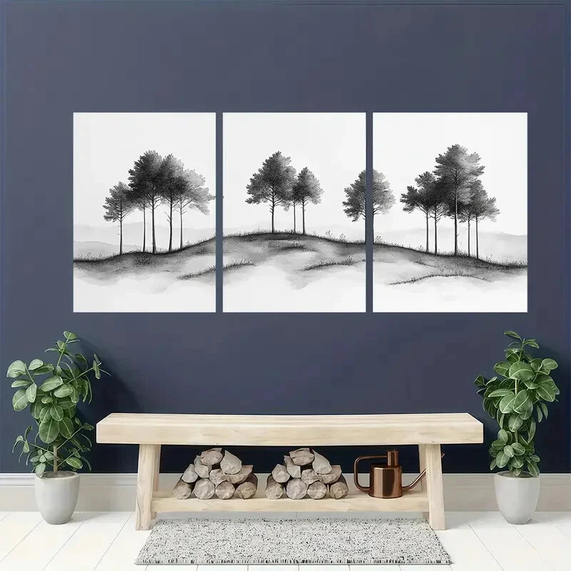 3pcs Vintage Black and White Tree Landscape Metal Print Ready to Hang Art - Bella Home Decor
