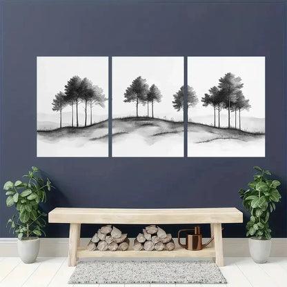 3pcs Vintage Black and White Tree Landscape Metal Print Ready to Hang Art - Bella Home Decor