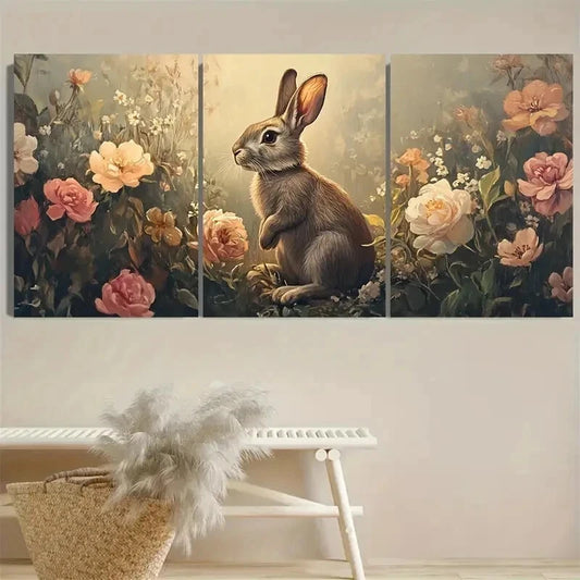 3pcs Retro Rabbit And Flowers Wild Animal Wall Art Set Canvas Framed 40x60cm - High Quality Print 100% Australian Made Wall Canvas Ready to Hang