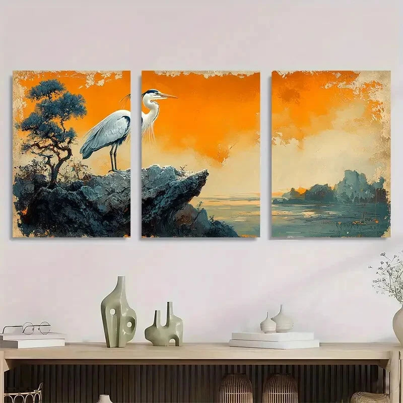 3pcs Heron Bird Animal Ukiyo e Style Japanese Metal Print Ready to Hang Art - Bella Home Decor