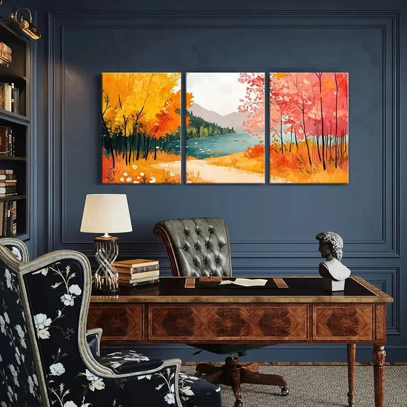3pcs Autumn Lake Scenery Colorful Trees Landscape Metal Print Ready to Hang Art - Bella Home Decor