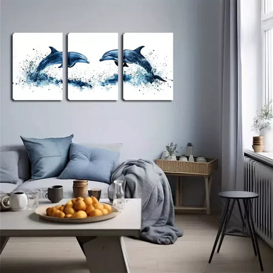 3pcs A Dolphin Couple, Paint Wall Art Set Canvas Framed 60x90cm - High Quality Print 100% Australian Made Wall Canvas Ready to Hang