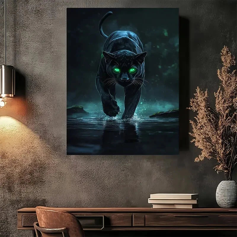 Beautiful Black Panther In Moonlit Forest Painting 40x60cm Metal Print Ready to Hang - Bella Home Decor