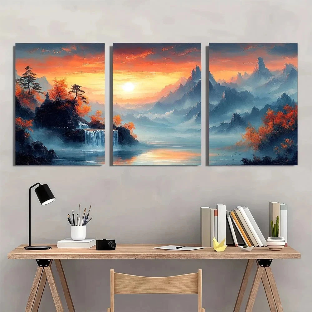 3pcs Golden Foil Chinese Mountain Scenery Wall Art Set Canvas Framed 60x90cm - High Quality Print 100% Australian Made Wall Canvas Ready to Hang - Bella Home Decor