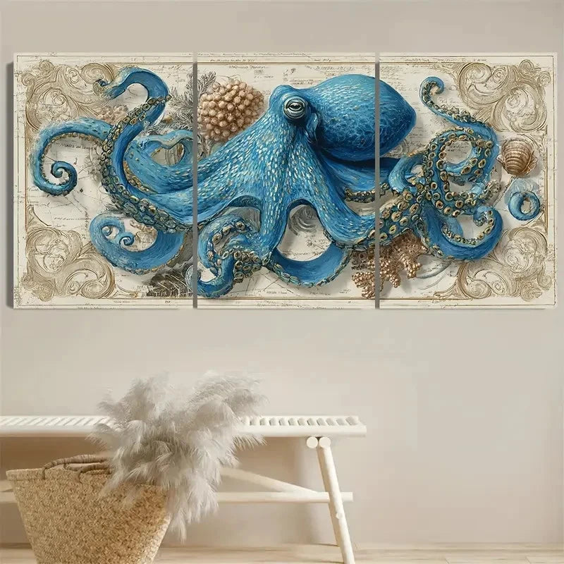 3pcs Blue Octopus Nautical Marine Life Wall Art Set Canvas Framed 40x60cm - High Quality Print 100% Australian Made Wall Canvas Ready to Hang - Bella Home Decor