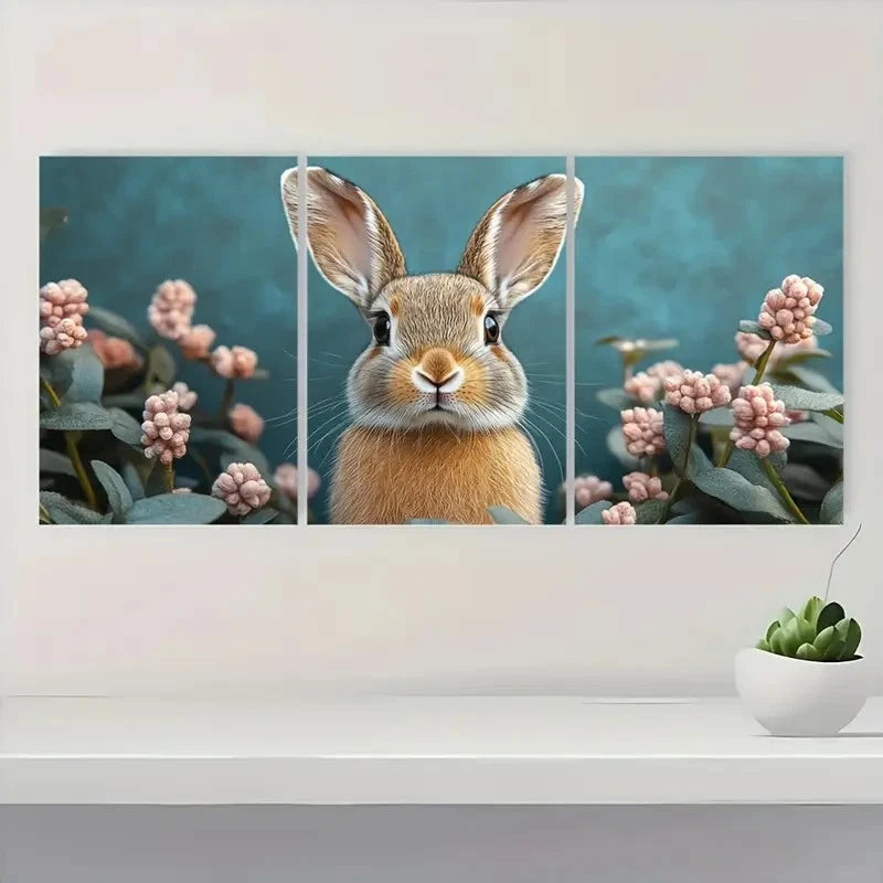 3pcs Boho Rabbit Pink Flowers & Green Leaves Metal Print Ready to Hang Art - Bella Home Decor