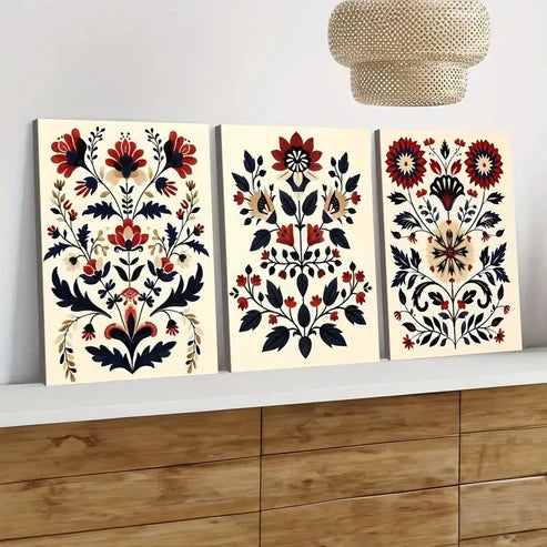 3pcs Red Flowers Nordic Style Scandian Folk Art Wall Art Set Canvas Unframed - High Quality Print 100% Australian Made Wall Canvas
