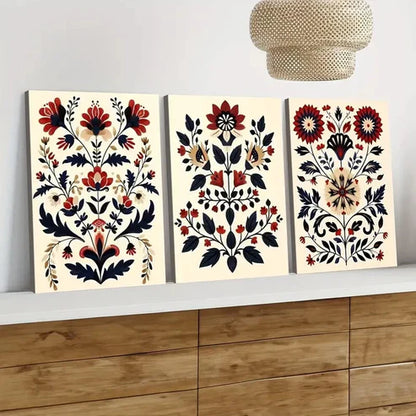 3pcs Red Flowers Nordic Style Scandian Folk Art Wall Art Set Canvas Unframed - High Quality Print 100% Australian Made Wall Canvas