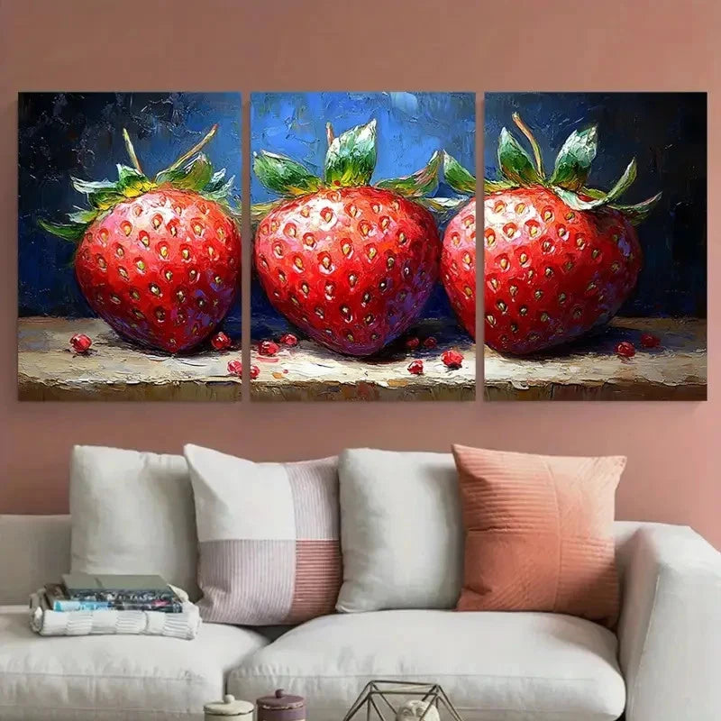 3pcs Vibrant Red & Green Strawberries Fruit Wall Art Set Canvas Framed 60x90cm - High Quality Print 100% Australian Made Wall Canvas Ready to Hang - Bella Home Decor